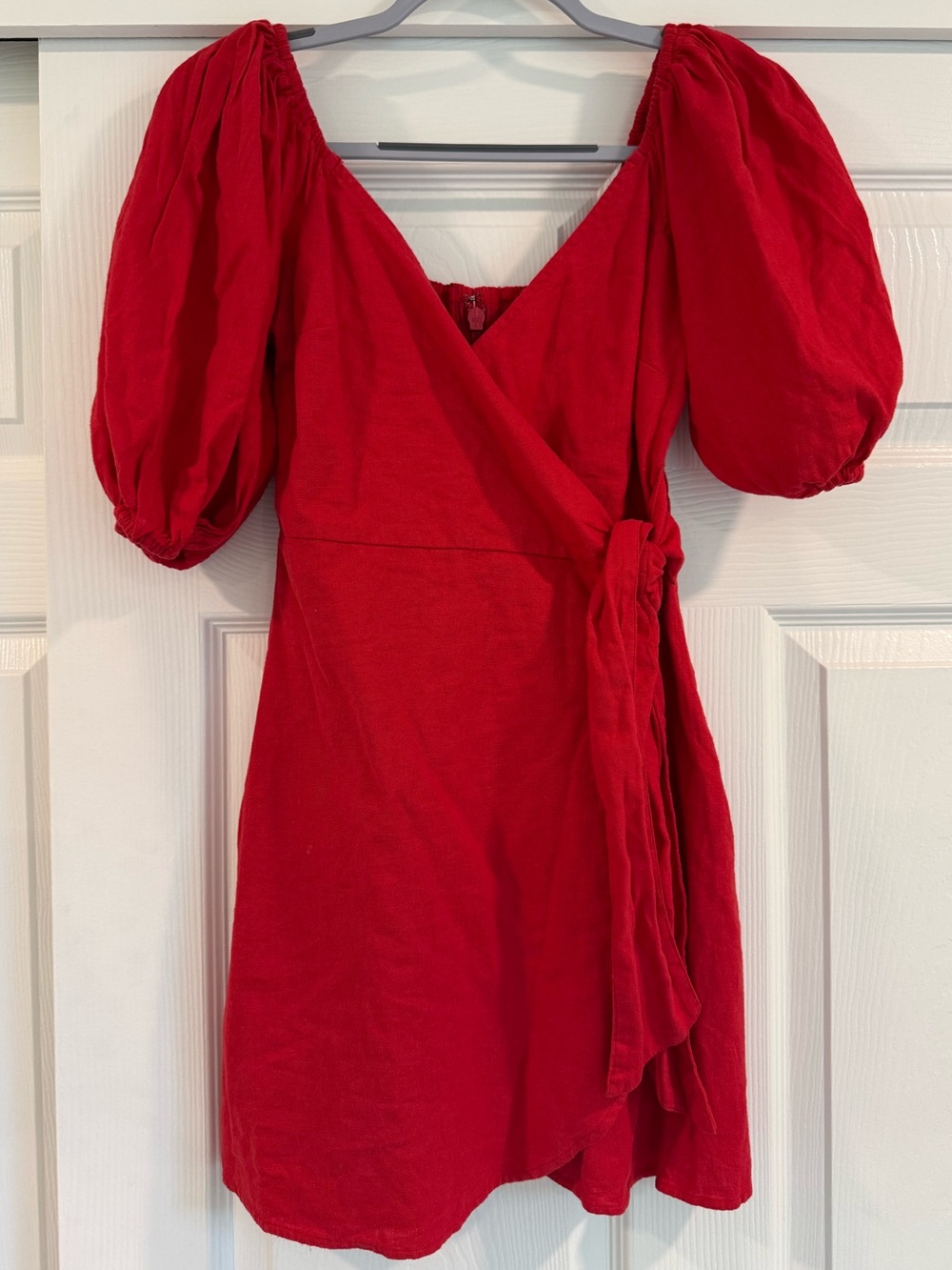 Abercrombie & Fitch Linen Red Puff-Sleeve Wrap Dress - Picture 2 of 7